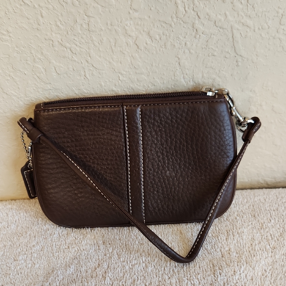 Coach Pebbled Leather Wristlet in Dark Brown